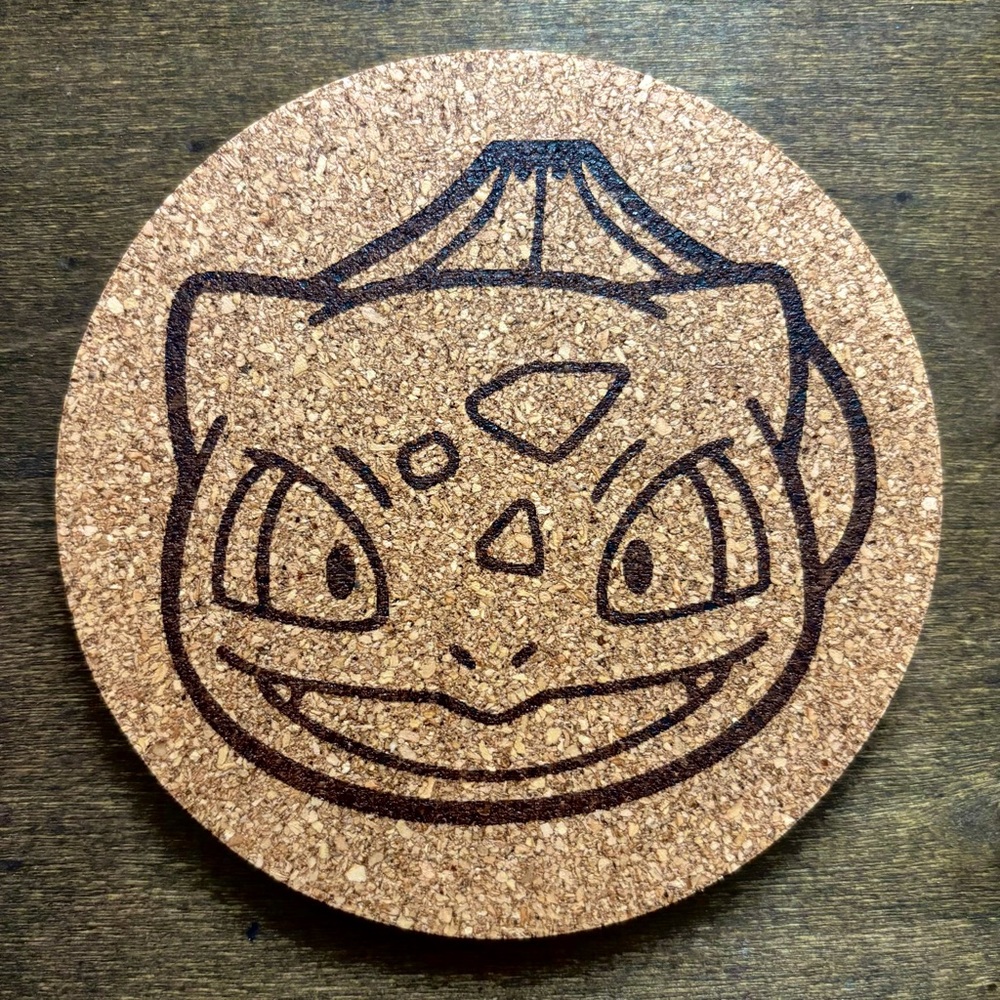 Pokemon Bulbasaur Face Laser Engraved Cork Coaster